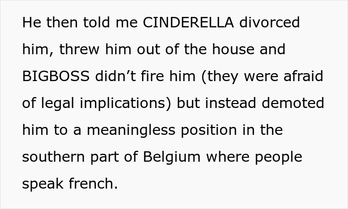 Text image describing a horrible boss's perfect revenge, demoted to a meaningless position after Cinderella divorced him.