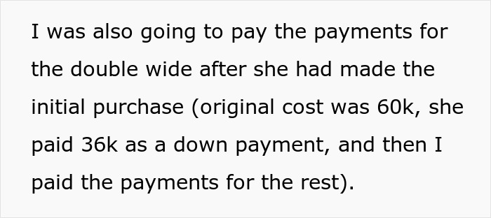Text discussing a woman sharing a crazy story about her mom involving payments for a double wide home.