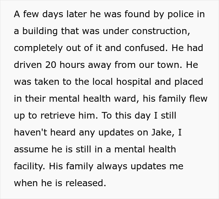 Text excerpt about a man found confused and taken to a mental health ward after SIL feeds info to unstable ex.