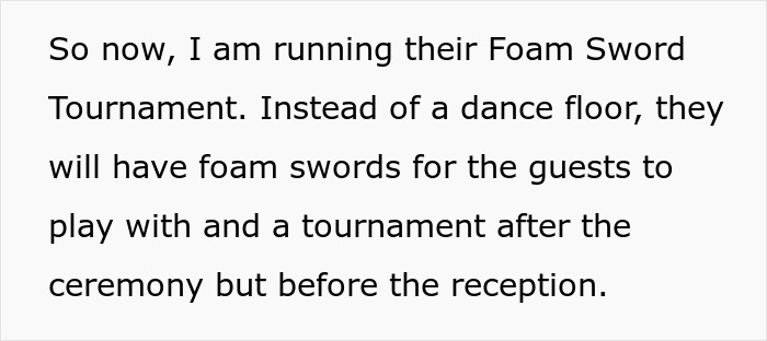 Text about running a foam sword tournament at a wedding instead of a dance floor for guests to play before the reception.