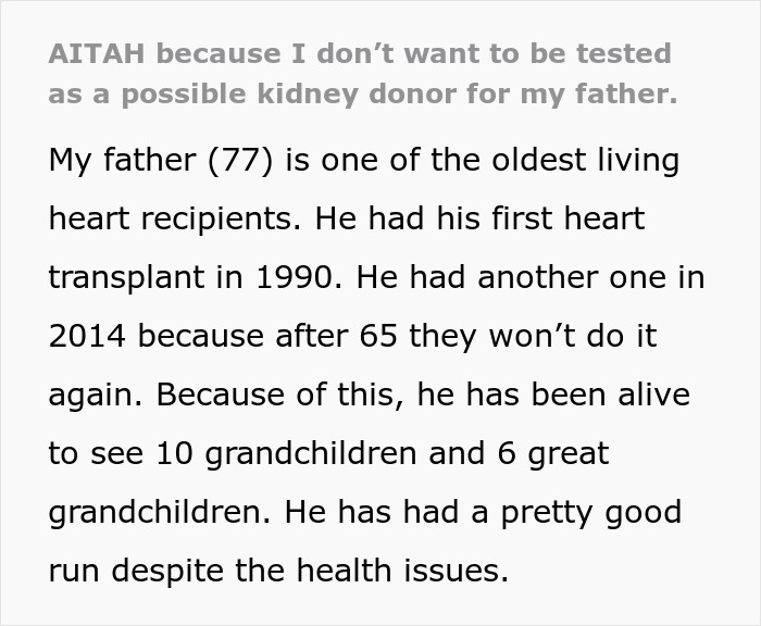 Text excerpt about a man refusing to be tested as a kidney donor for his 77-year-old father.