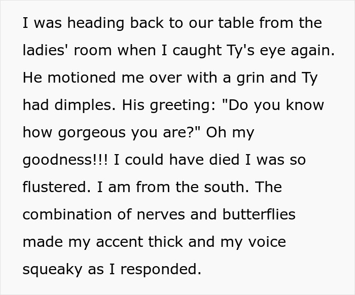 Text about a woman sharing a crazy story involving her mom, with emotions like nerves and flustered feelings.