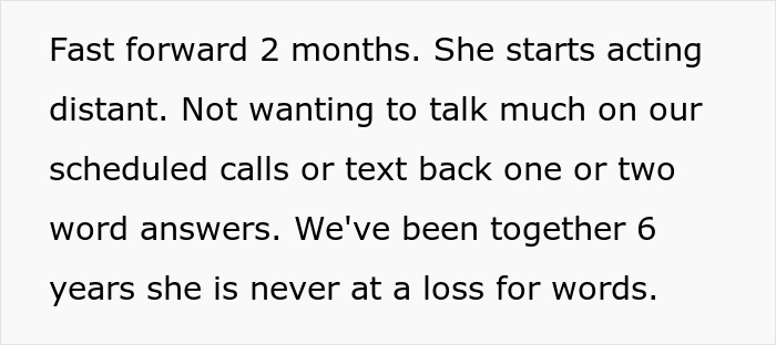 Text excerpt describing emotional distance from an army wife acting distant during her deployed husband's calls.