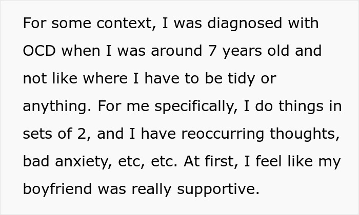 Text excerpt discussing a woman's OCD diagnosis and relationship challenges related to anxiety and support.