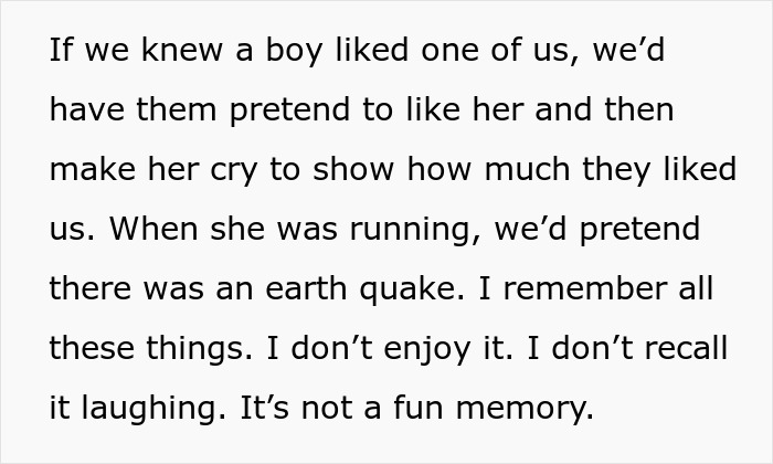 Text excerpt describing school bullying and painful memories related to emotional manipulation and teasing among children. Text excerpt describing school bullying and painful memories related to emotional manipulation and teasing among children.
