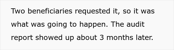 Text excerpt discussing an audit report triggered by two beneficiaries' request, leading to financial penalties.