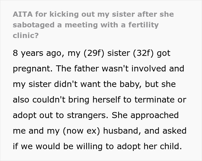 Text excerpt discussing a woman who makes her sister adopt her child and tries to prevent her from having more children.