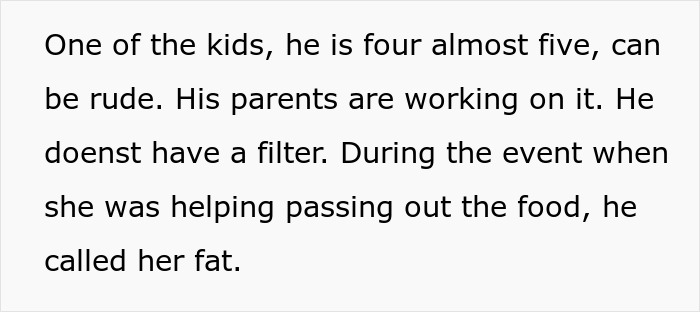 Text reads: A four-year-old child called DIL fat while helping to pass out food, leading to MIL drama.