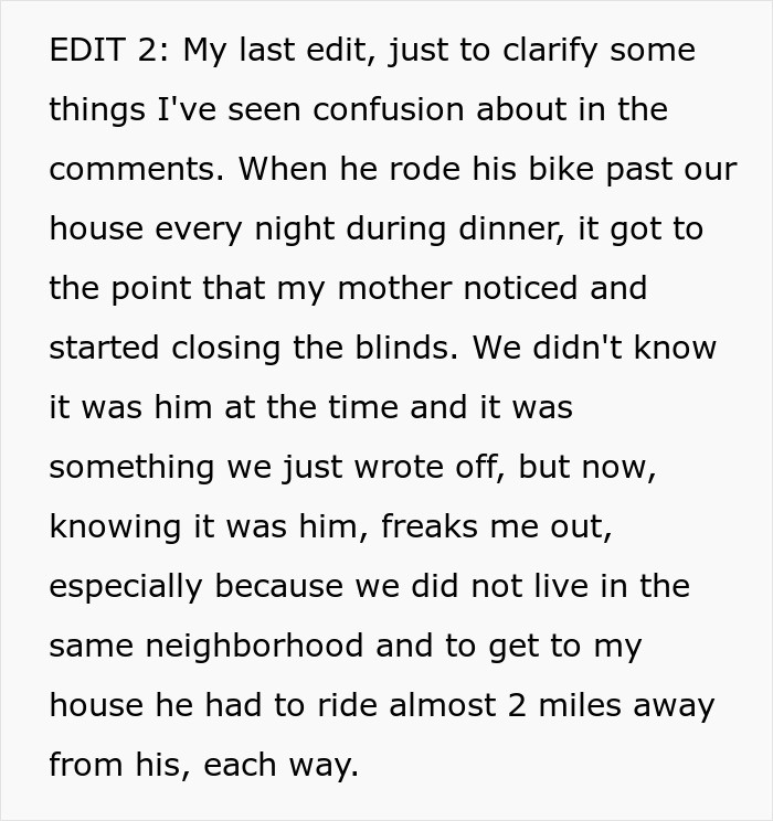 Text excerpt from a creepy confession about a man riding his bike nightly past a house, raising relationship concerns.