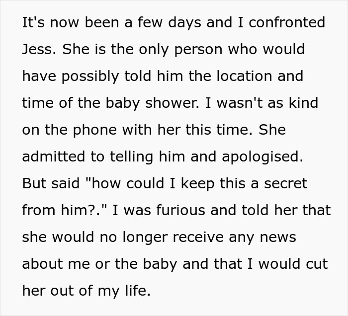 Text excerpt showing a confrontation about SIL feeding information to unstable ex, leading to a pregnant woman cutting her off.