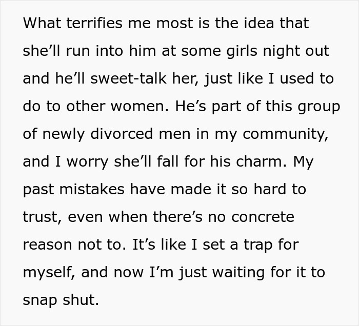 Text about fear and regret from chasing a fantasy, highlighting trust issues and consequences of past mistakes by a cheater.