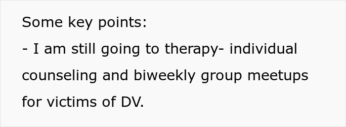 Text image highlighting key points about ongoing therapy, counseling, and support group meetups for victims of domestic violence.