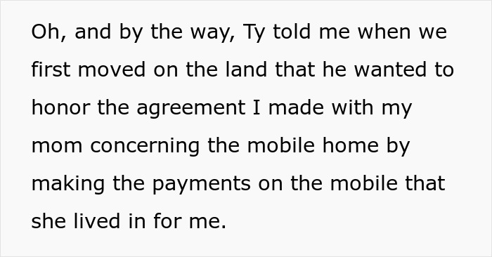 Text excerpt from a woman sharing a crazy story about her mom involving a mobile home payment agreement.