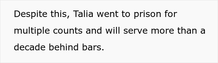 Text on screen stating Talia went to prison for multiple counts and will serve more than a decade behind bars related to woman running Tinder scams.