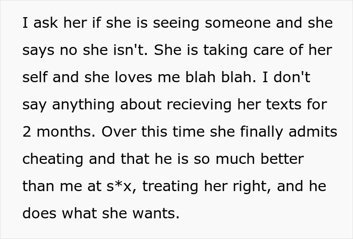 Text on a white background about an army wife cheating on her deployed husband, revealing infidelity and emotional betrayal.