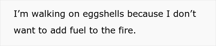Text graphic with the phrase I'm walking on eggshells because I don&rsquo;t want to add fuel to the fire about a tense pregnancy argument.