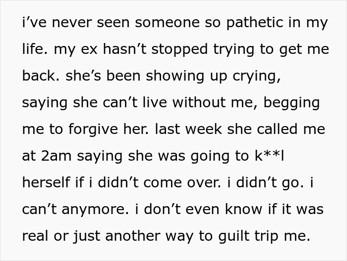 A text post detailing an ex-girlfriend's manipulative attempts to get back together, including threats of s*******m. A tough situation for any dad. A text post detailing an ex-girlfriend's manipulative attempts to get back together, including threats of s*******m. A tough situation for any dad.