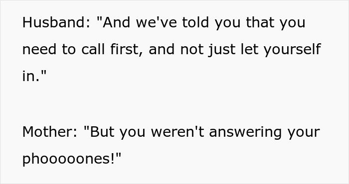 Conversation between husband and mother about using emergency key to drop in unannounced and setting family boundaries.