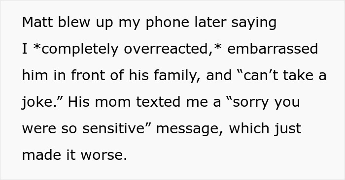 Text message describing a boyfriend&rsquo;s mom acting possessive and causing tension at a birthday party.