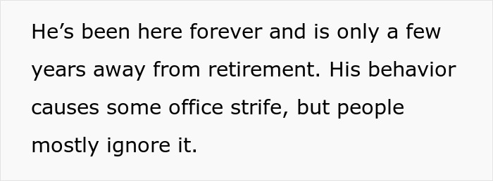 Text describing a rude man snatching things without asking in an office, causing coworker conflict and complaints.