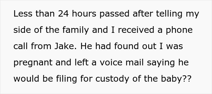Text excerpt about SIL feeding info to unstable ex and pregnant woman receiving a custody threat voicemail from him.
