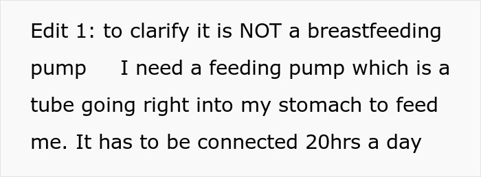 Text explains a feeding tube is a stomach tube used 20 hours daily, clarifying it's not a breastfeeding pump.