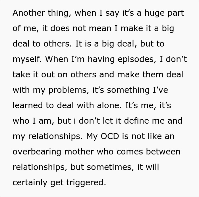 Text excerpt on a white background discussing dealing with OCD in relationships and personal growth and liberation.