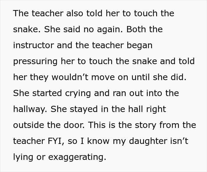 Student pressured by teacher to touch snake, causing fear and distress amid school suspending daughter over snake fear incident Student pressured by teacher to touch snake, causing fear and distress amid school suspending daughter over snake fear incident