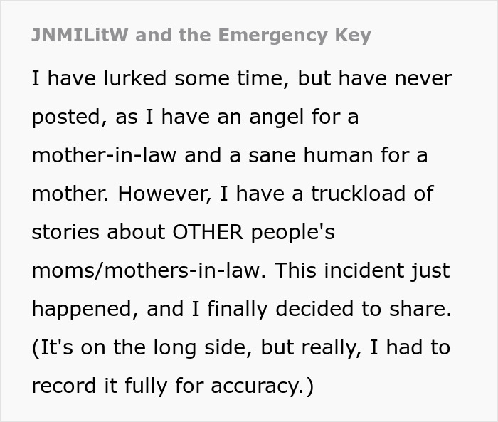 Text excerpt from a post about a mother-in-law using an emergency key and the family preparing a response.