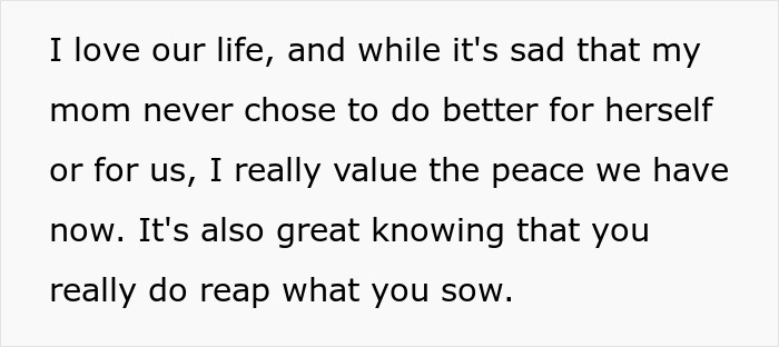 Text excerpt showing a woman sharing a personal story about her mom that sounds like a soap opera narrative.