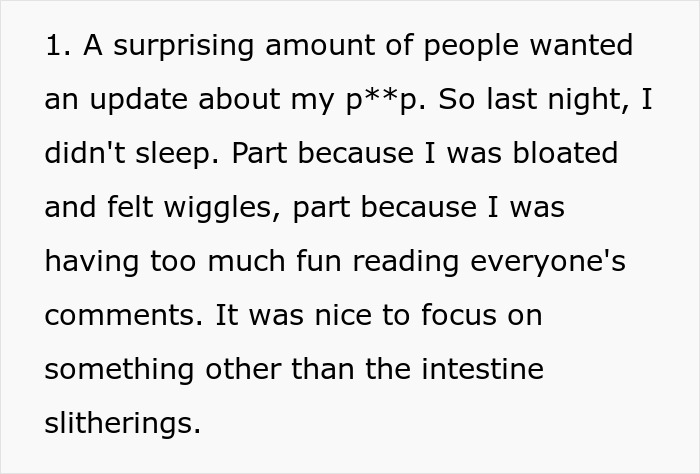 Text excerpt describing experiencing bloating and wiggles after bringing home a senior cat with tapeworms and costly consequences.