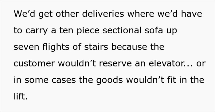 Text describing how an overworked and underpaid friend helped carry heavy furniture up multiple flights of stairs without an elevator.