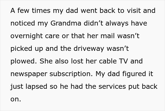 Alt text: text describing a family dispute involving long-term mistreatment and financial consequences in a caregiving context