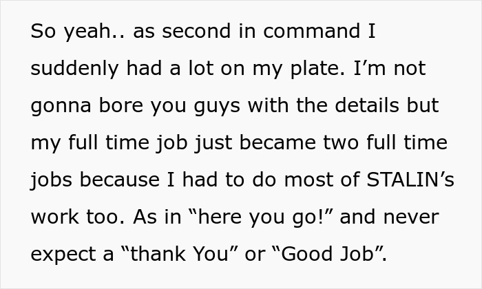 Text describing a horrible boss, detailing how an employee takes on extra work. This sets the scene for revenge.