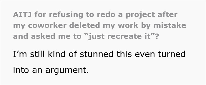 Text conversation screenshot showing a coworker deleting a project and asking for a redo without an apology.