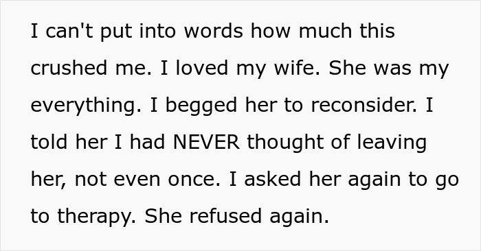 Text expressing heartbreak as husband begs wife to reconsider divorce during cancer, asking for therapy and second chance.