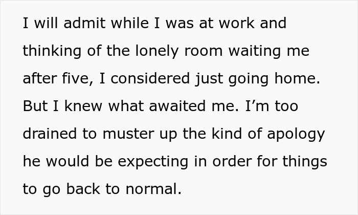 Text excerpt showing a woman reflecting on being too drained to apologize after her husband's outburst over mustard.