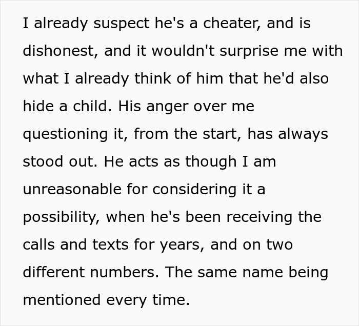 O texto descreve a suspeita de uma mulher de que seu marido tem um filho secreto, citando suas ligações/mensagens de texto secretas e raiva.