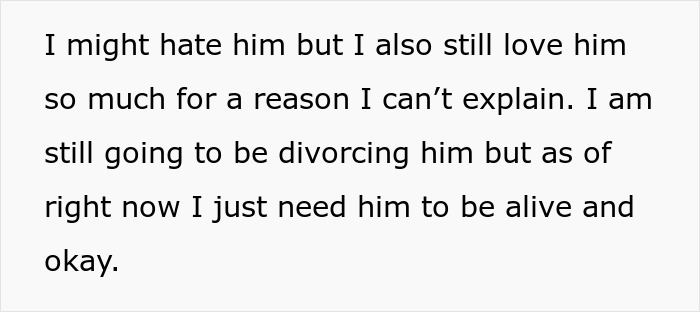 Text from a woman's message about discovering her husband's affair, revealing disturbing details and complex emotions.