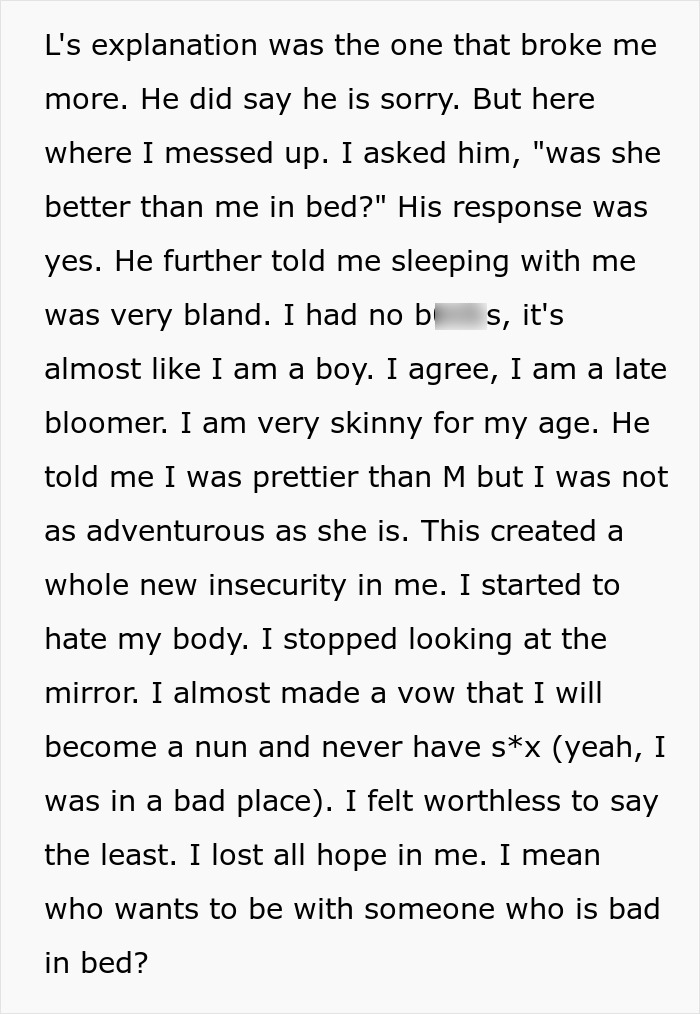 Text excerpt showing a daughter's insecurity and betrayal involving a boy and friendship issues with her best friend.