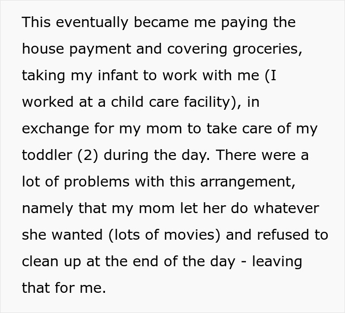 Text excerpt describing a woman sharing a crazy story about her mom and childcare struggles.