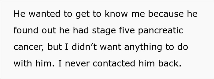 Text excerpt about estranged dad with pancreatic cancer wanting to connect, but daughter never responded.