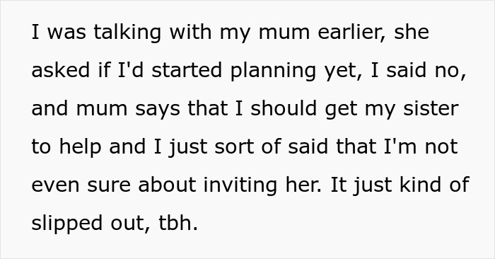 Text message discussing worry about sister potentially sabotaging wedding and considering uninviting her due to past incident.