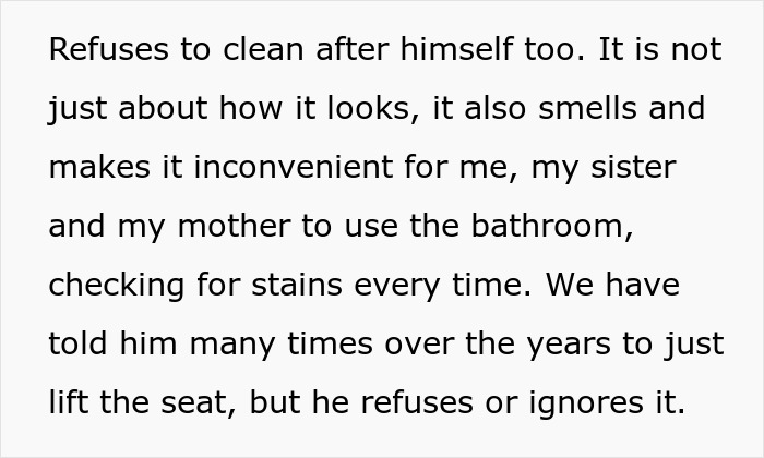 A text explaining a gross dad wets the toilet seat, causing issues for his family. They asked him to lift the seat, but he ignores it.