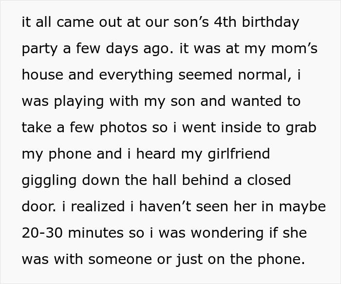 Text detailing a dad finding his girlfriend giggling behind a closed door during his son's birthday party. Text detailing a dad finding his girlfriend giggling behind a closed door during his son's birthday party.