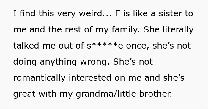 Text message explaining a woman’s perspective on her boyfriend’s close female friend and family relationship. Text message explaining a woman’s perspective on her boyfriend’s close female friend and family relationship.