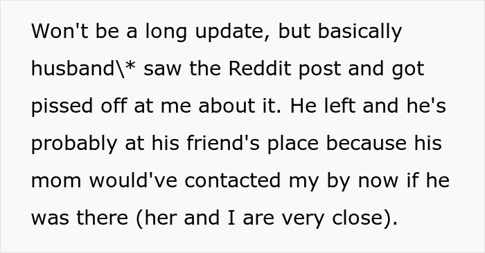 Text update: husband saw Reddit post, got mad, and left for a friend's place. Woman decides to quit the marriage.