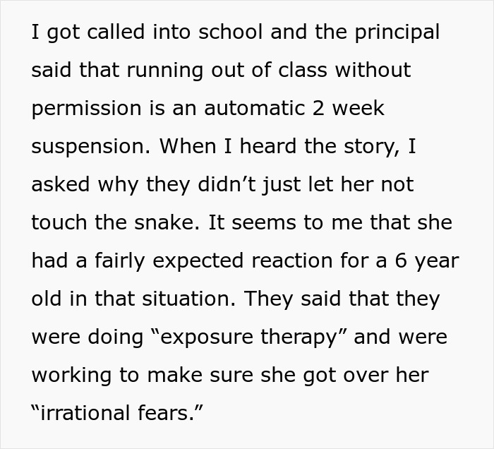 Parent explaining school suspending daughter for fear of snakes after running out of class without permission. Parent explaining school suspending daughter for fear of snakes after running out of class without permission.