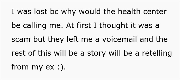 A screenshot of text on a light background, discussing a puzzling call from a health center, hinting at disturbing affair details.