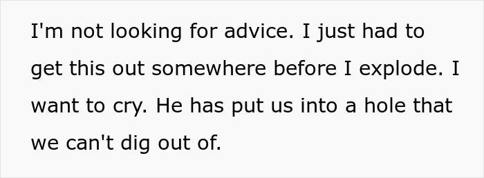 Text on a white background: a wife's frustration about her husband, house, hoarder habits, and financial struggles.